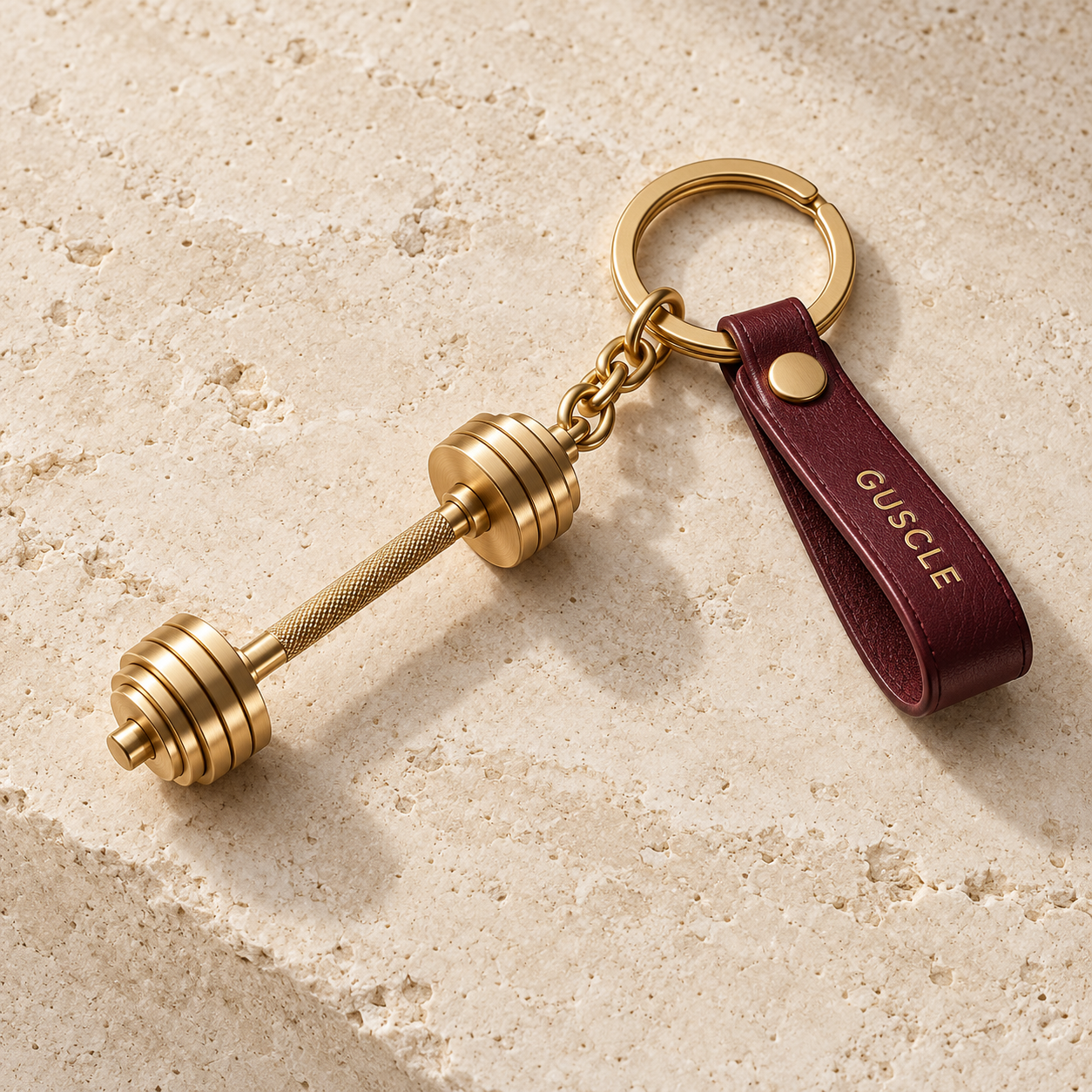 GUSCLE gold-tone barbell keychain with burgundy leather fob